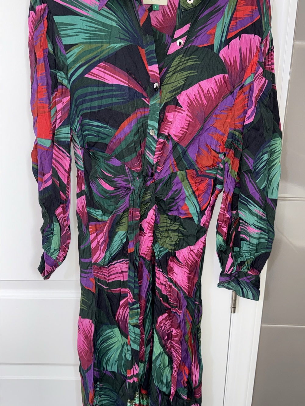 FARM Rio Black Midi Dress with Pink, Green & Purple Tropical Print